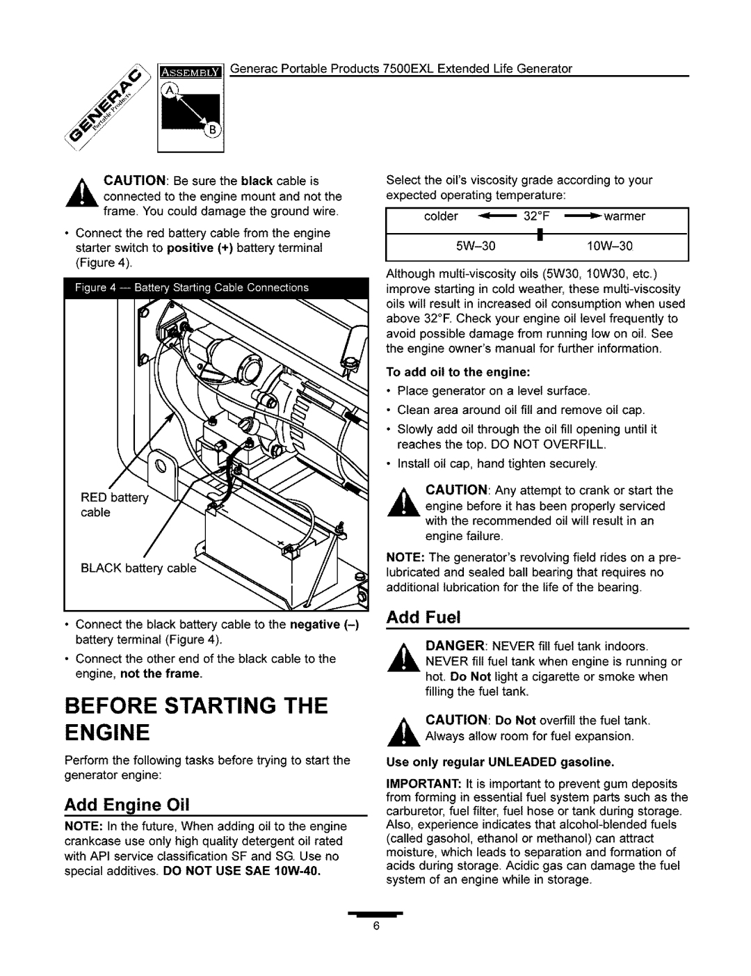 Generac 7500 owner manual Before Starting the Engine, Add Engine Oil, Add Fuel, To add oil to the engine 