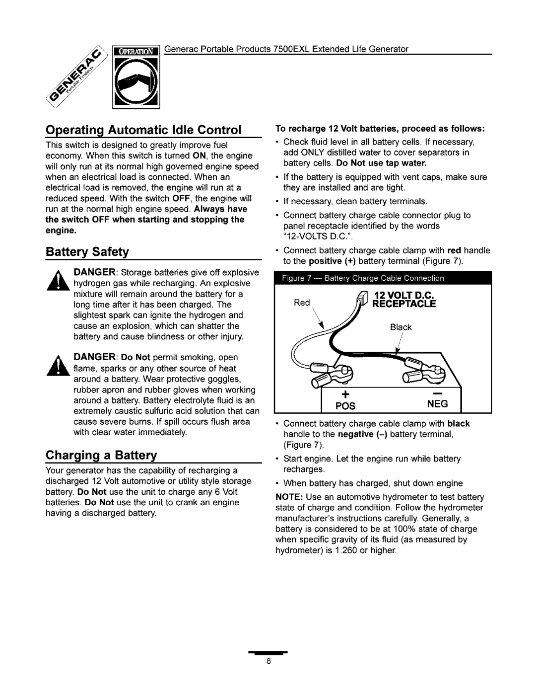 Generac 7500 Operating Automatic Idle Control, Battery Safety, Engine, To recharge 12 Volt batteries, proceed as follows 