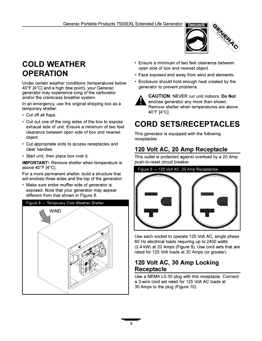 Generac 7500 owner manual Cold Weather Operation, Cord SETS/RECEPTACLES, Volt AC, 30 Amp Locking Receptacle 