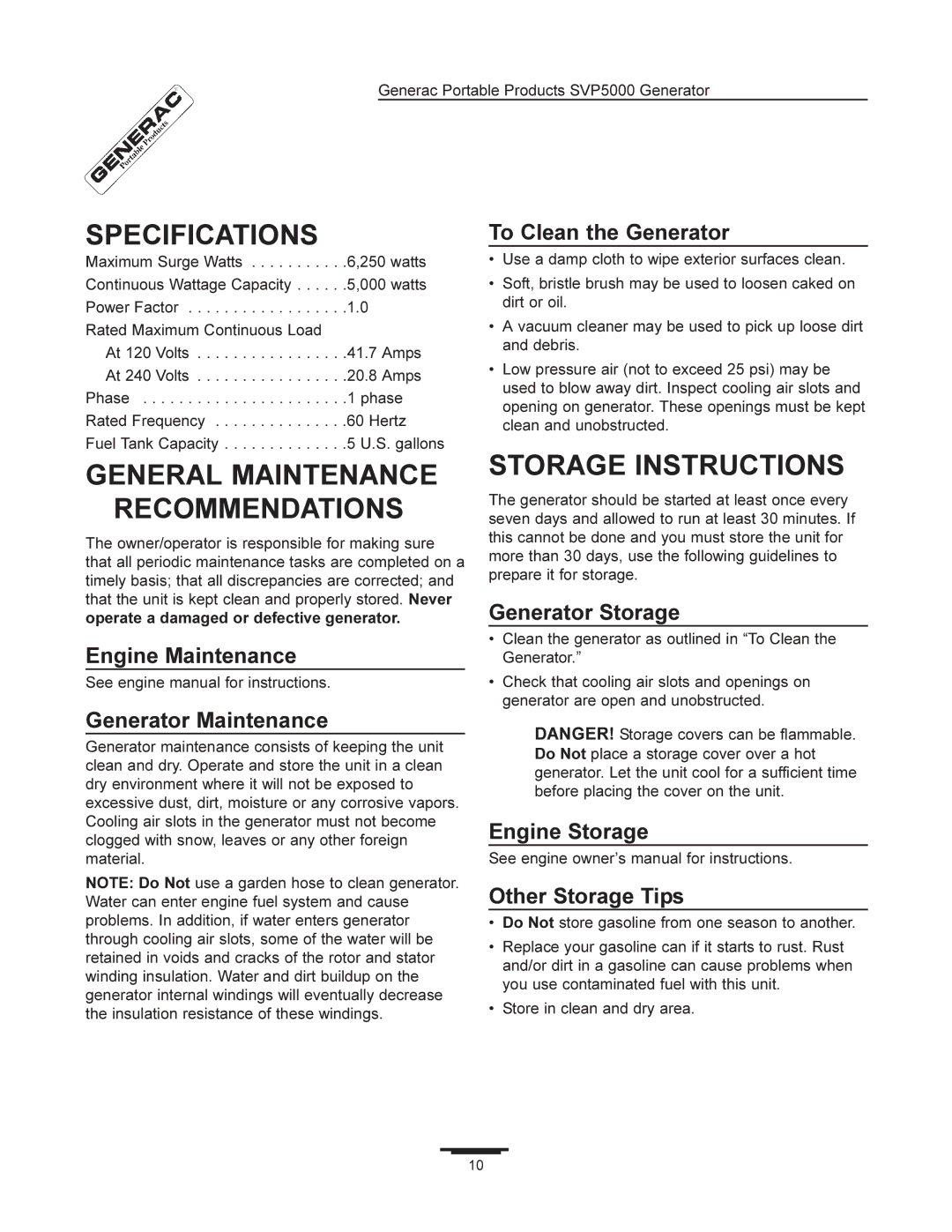 Generac 97193 manual Specifications, General Maintenance Recommendations, Storage Instructions 