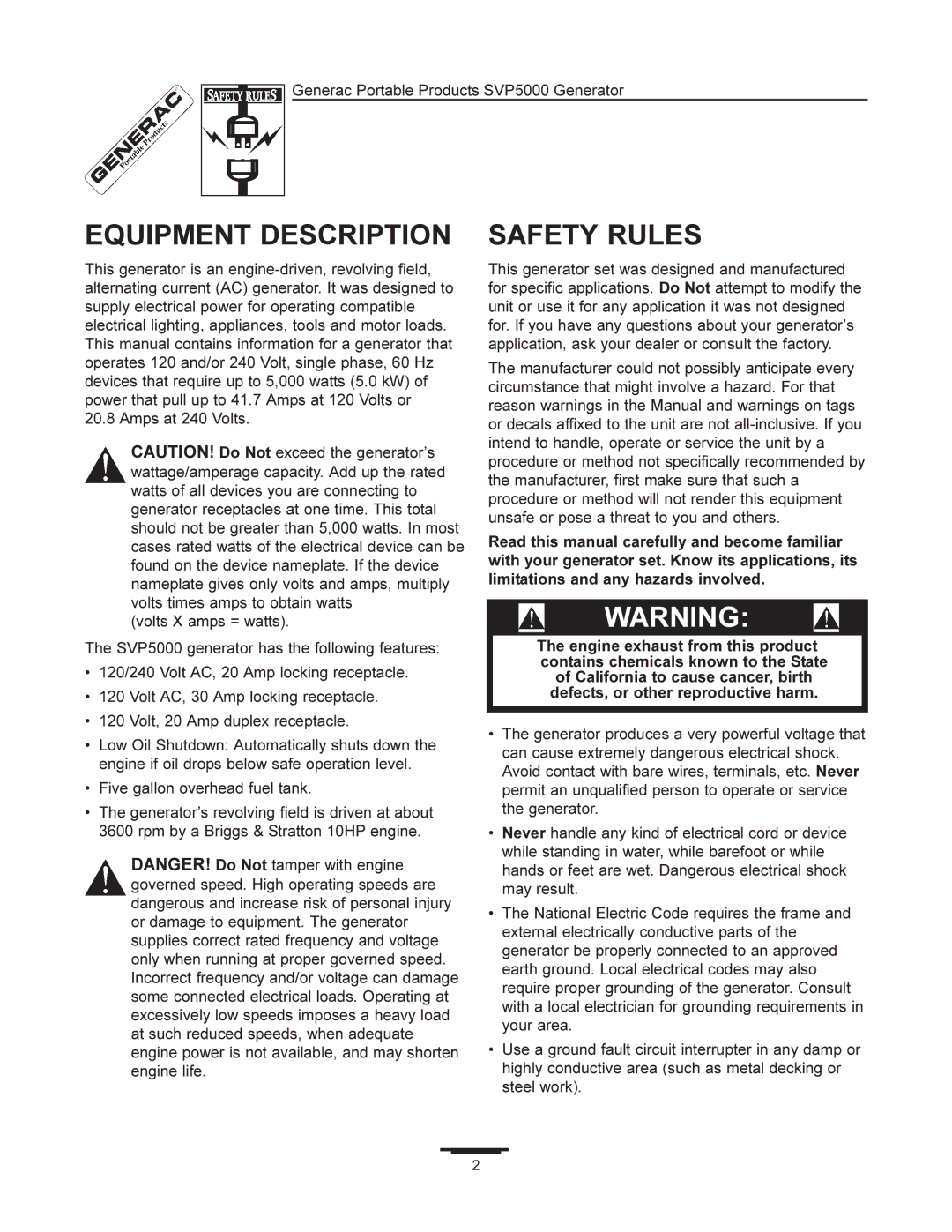 Generac 97193 manual Equipment Description, Safety Rules 