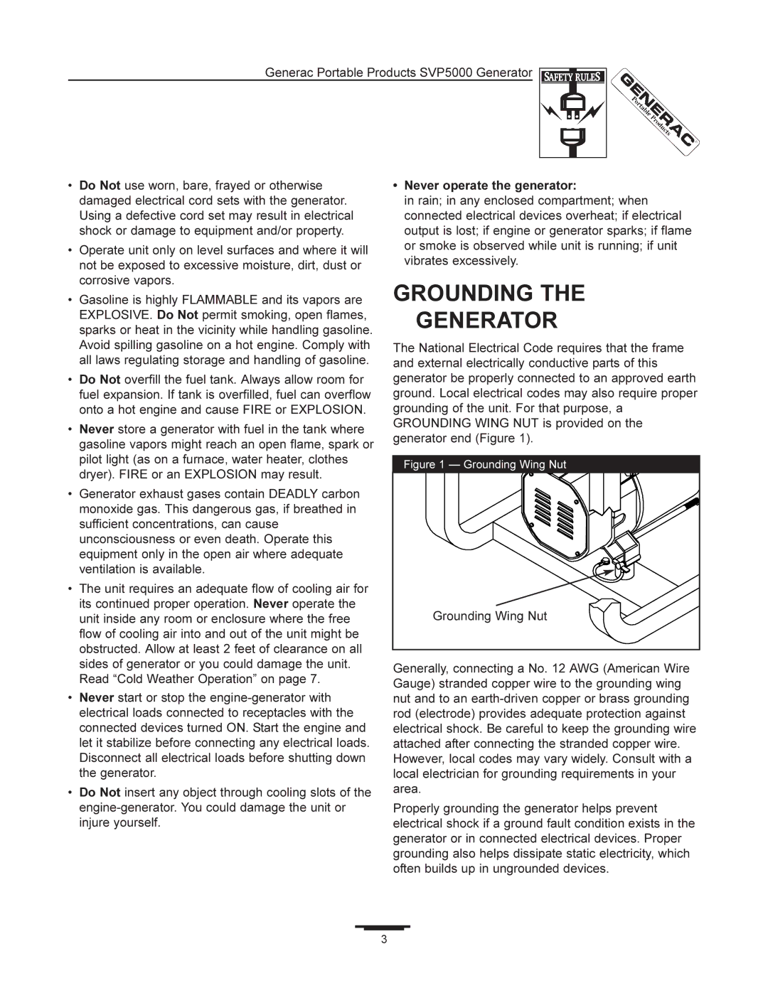 Generac 97193 manual Grounding Generator, Never operate the generator 