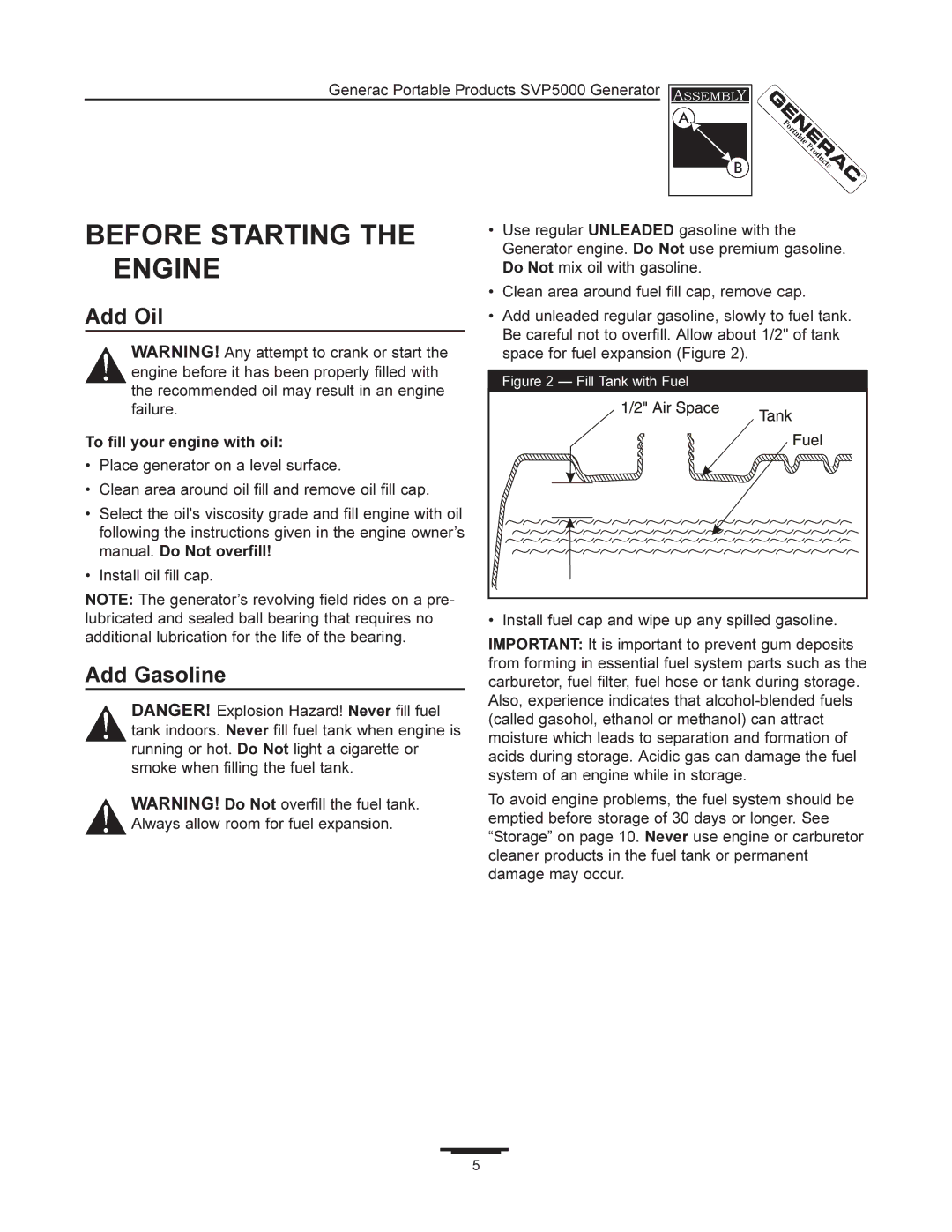 Generac 97193 manual Before Starting the Engine, Add Oil, Add Gasoline, To fill your engine with oil 