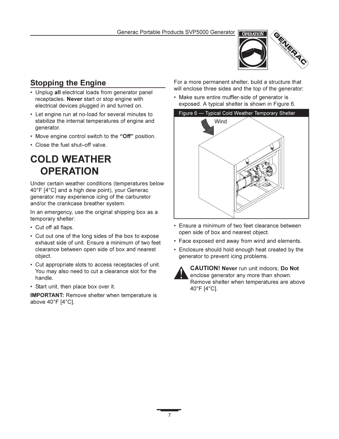 Generac 97193 manual Cold Weather Operation, Stopping the Engine 