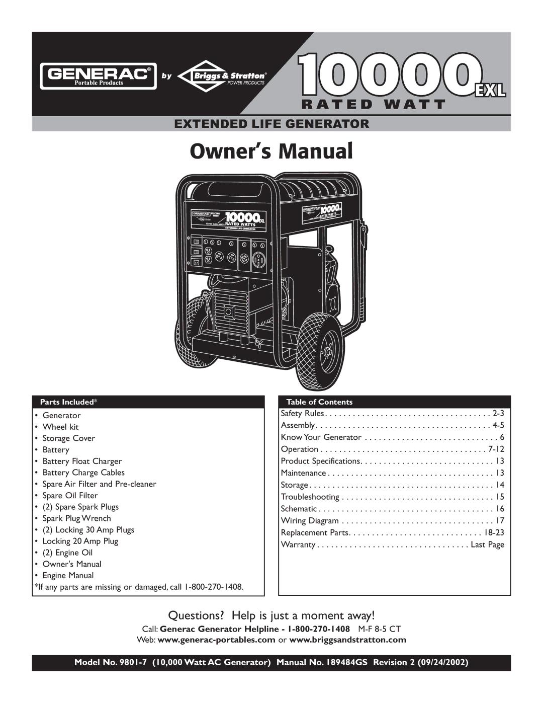 Generac 9801-7 owner manual Questions? Help is just a moment away 