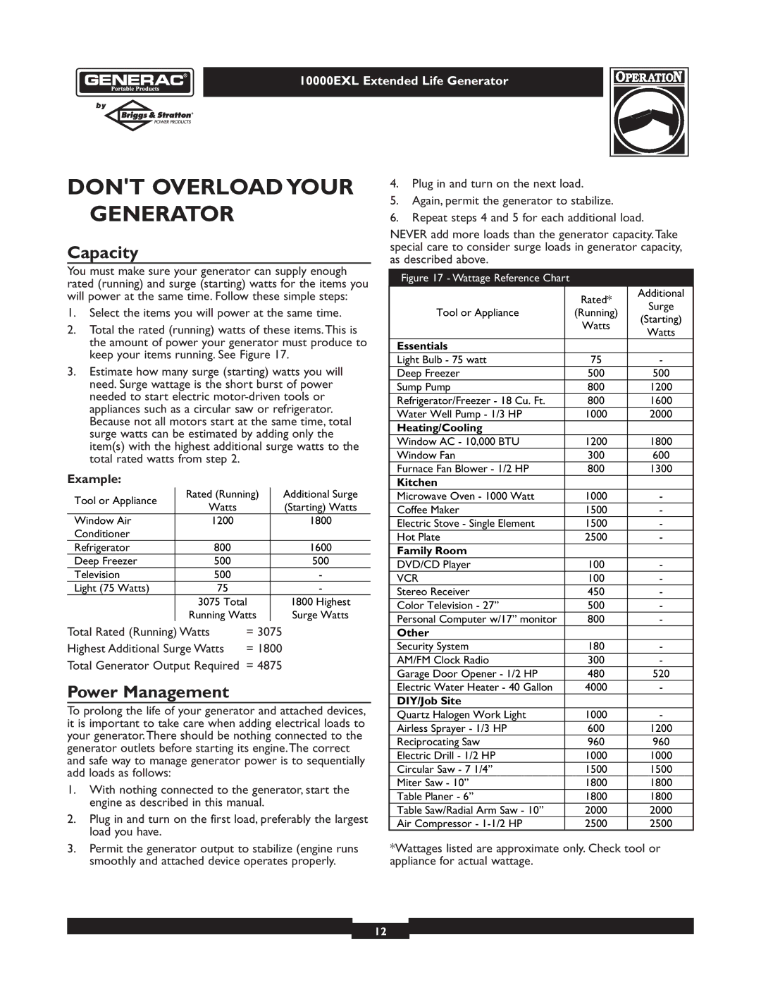 Generac 9801-7 owner manual Dont Overload Your Generator, Capacity, Power Management, Example 