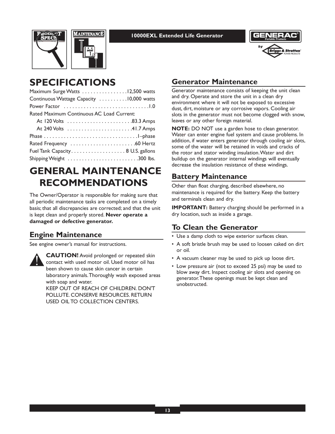 Generac 9801-7 owner manual Specifications, General Maintenance Recommendations 