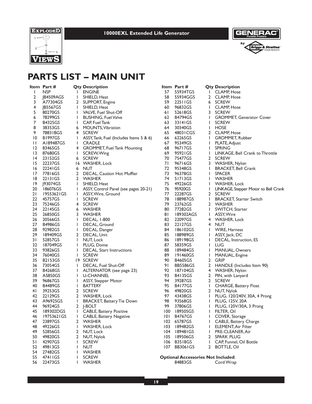 Generac 9801-7 owner manual Parts List Main Unit, Qty Description 