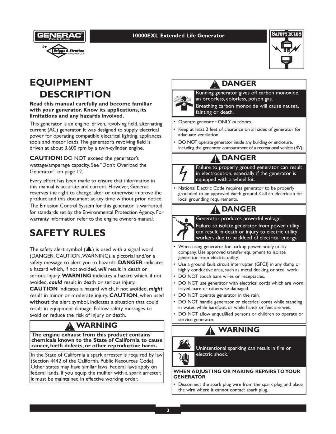 Generac 9801-7 owner manual Equipment Description, Safety Rules 