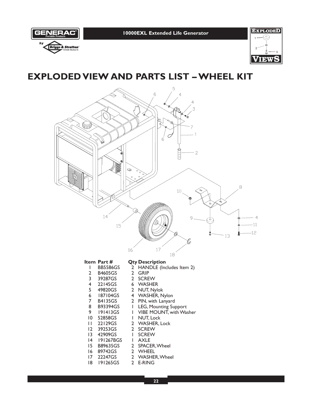 Generac 9801-7 owner manual Exploded View and Parts List Wheel KIT 