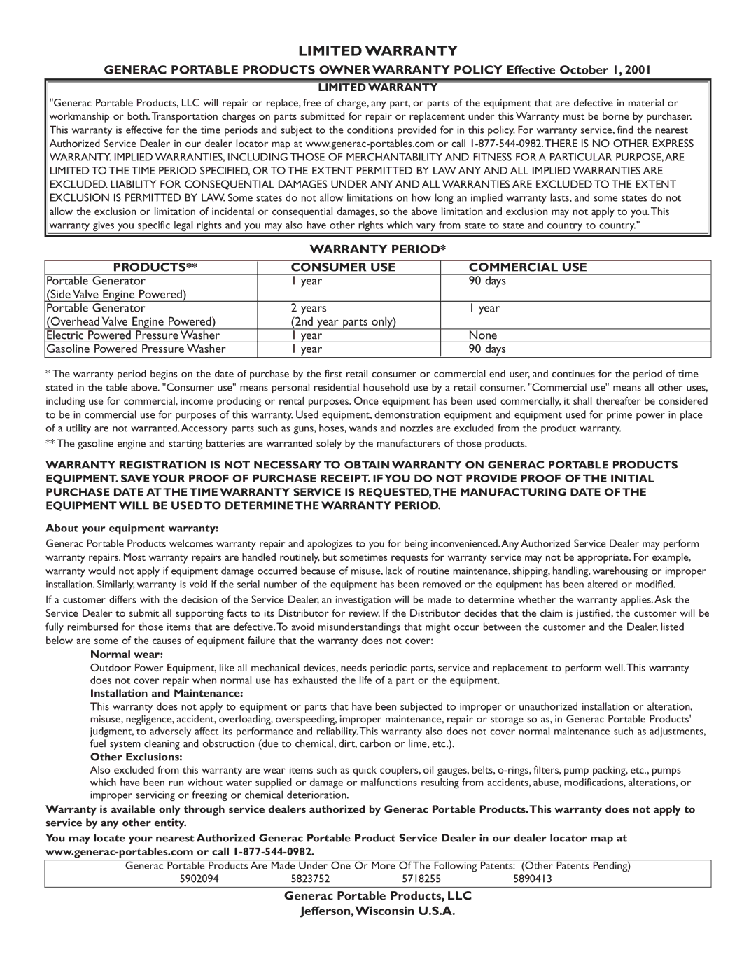 Generac 9801-7 owner manual Limited Warranty, Generac Portable Products, LLC Jefferson,Wisconsin U.S.A 