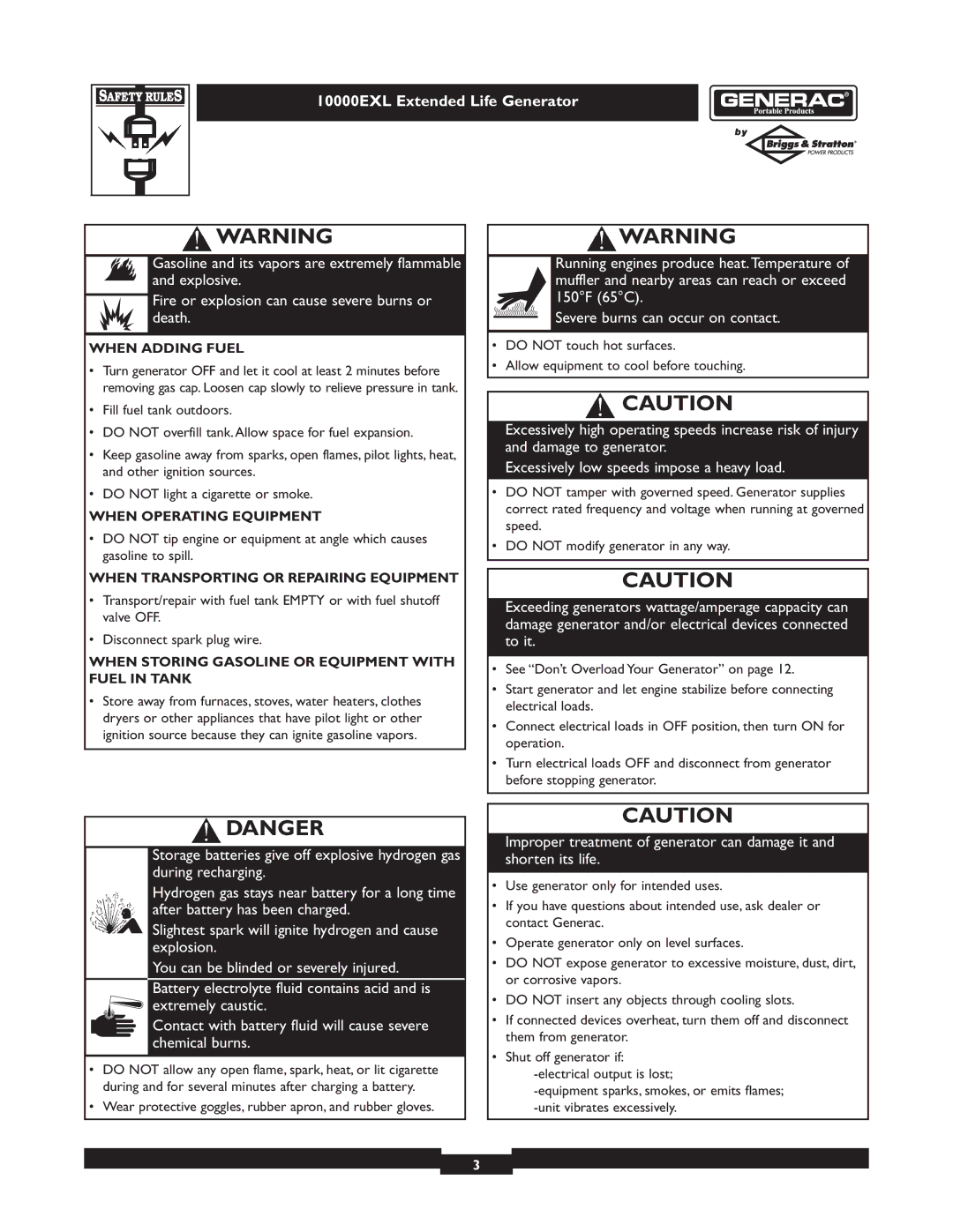 Generac 9801-7 owner manual When Operating Equipment 