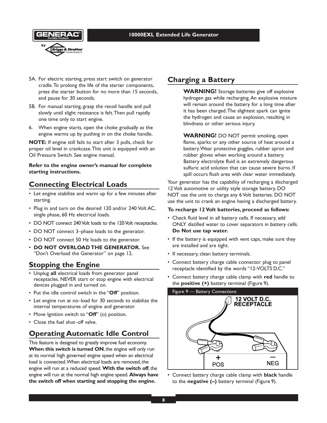 Generac 9801-7 Connecting Electrical Loads, Stopping the Engine, Operating Automatic Idle Control, Charging a Battery 