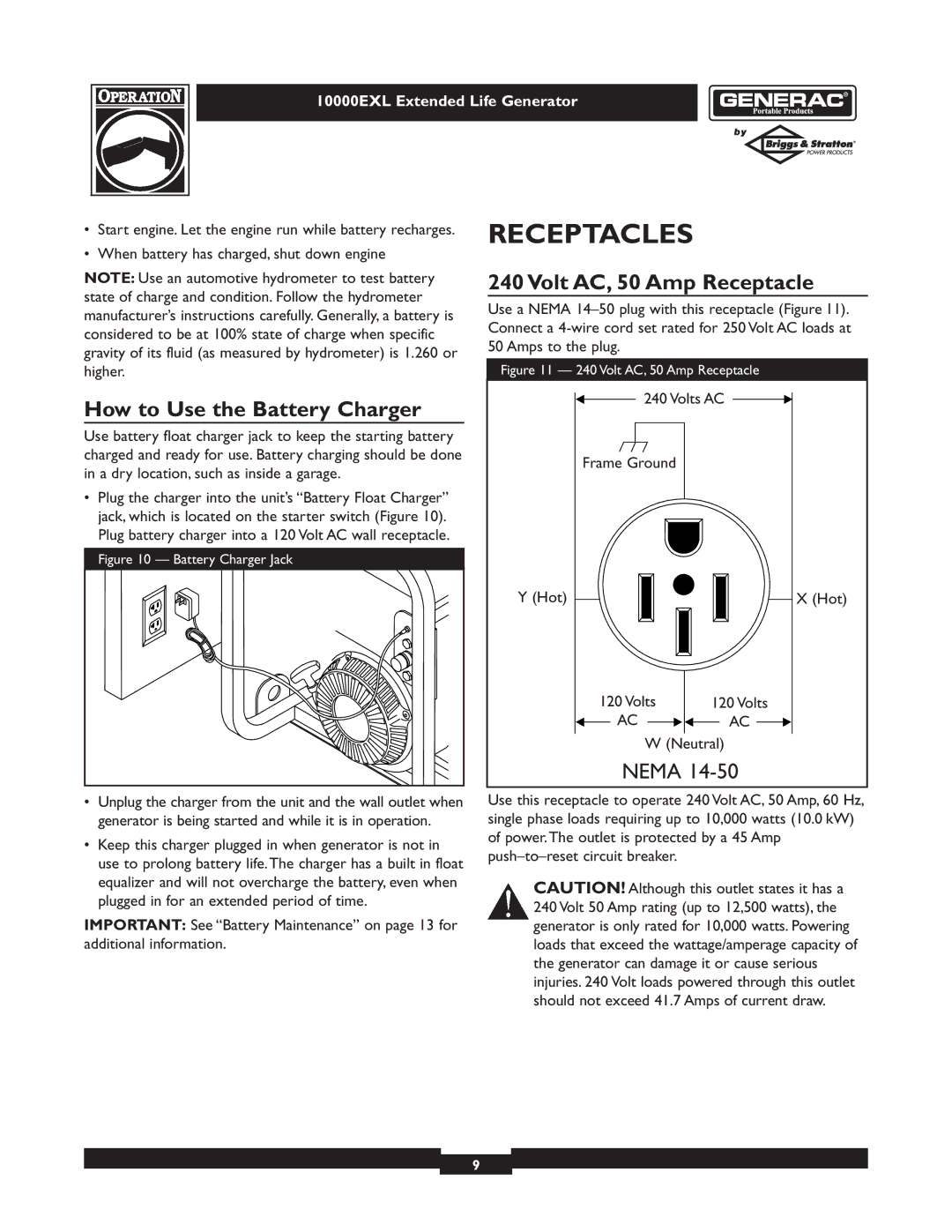 Generac 9801-7 owner manual How to Use the Battery Charger, Volt AC, 50 Amp Receptacle 