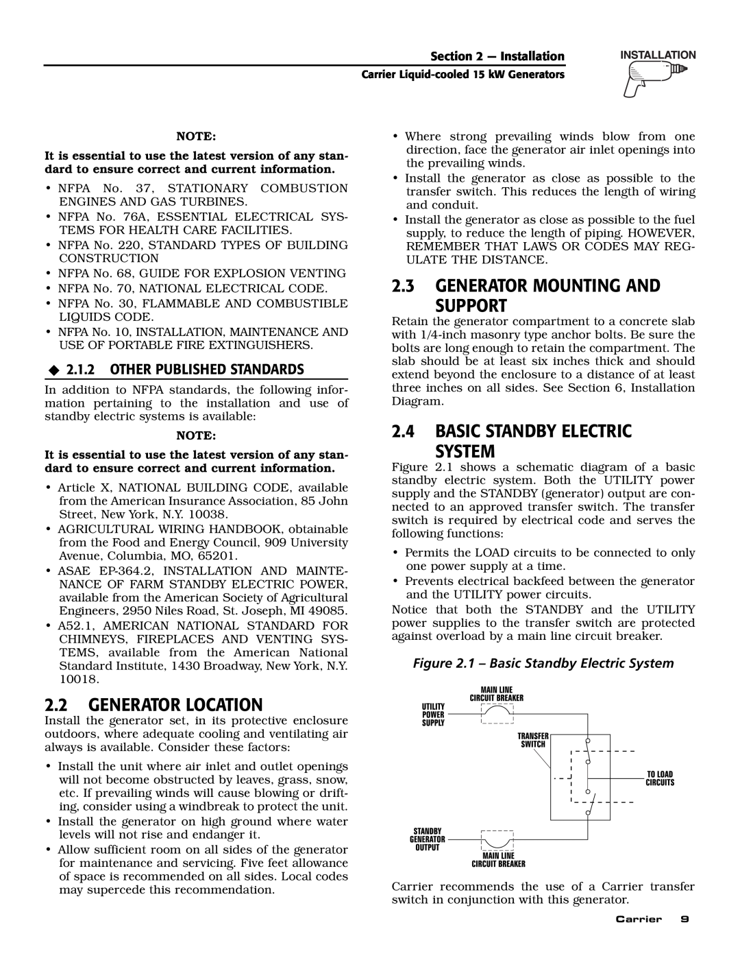 Generac ASPAS1CCL015 owner manual Generator Mounting And Support, Basic Standby Electric System, Generator Location 