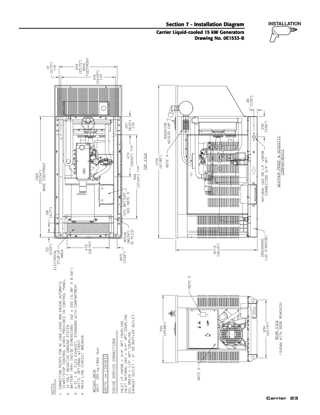 Generac ASPAS1CCL015 owner manual Installation Diagram, Carrier Liquid-cooled 15 kW Generators Drawing No. 0E1533-B 