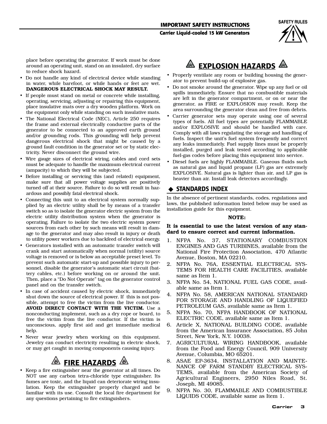 Generac ASPAS1CCL015 owner manual Fire Hazards, Explosion Hazards, ‹ Standards Index 
