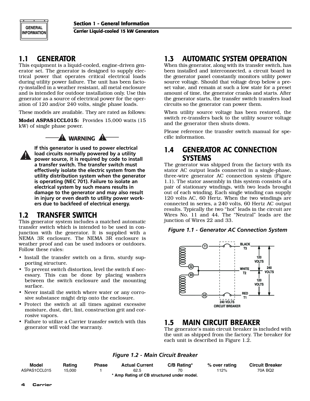 Generac ASPAS1CCL015 owner manual Transfer Switch, Automatic System Operation, Generator Ac Connection Systems 