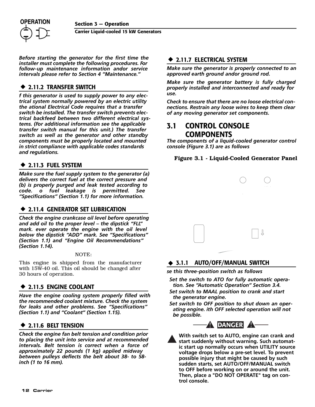 Generac ASPAS1CCL015 owner manual Control Console Components 