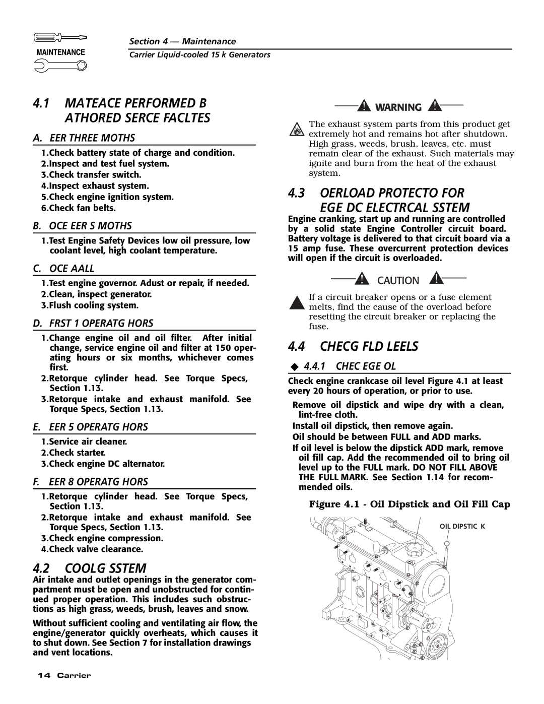 Generac ASPAS1CCL015 Overload Protection for Engine DC Electrical System, Cooling System, Checking Fluid Levels 