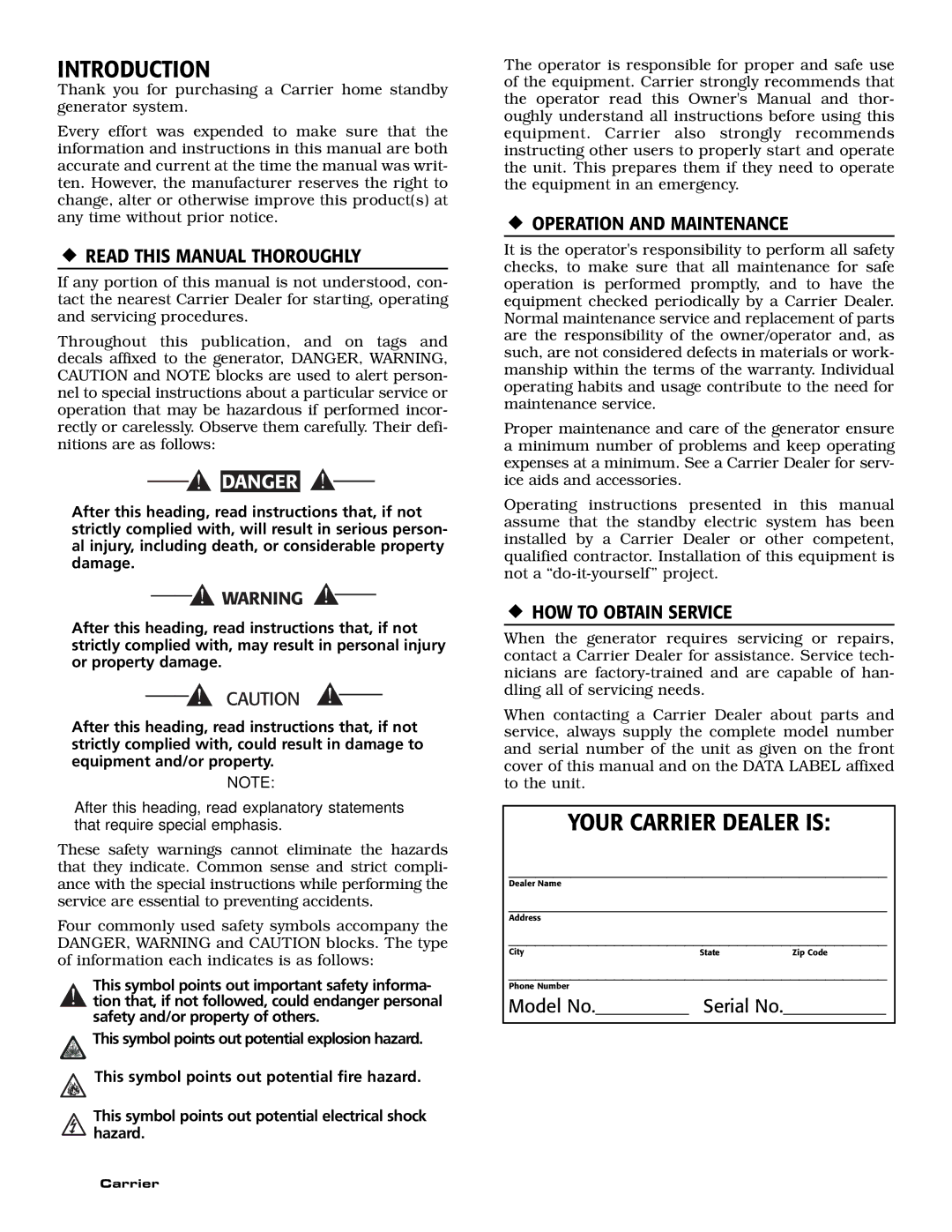 Generac ASPAS1CCL015 Introduction, Your Carrier Dealer is, ‹ Read this Manual Thoroughly, ‹ Operation and Maintenance 