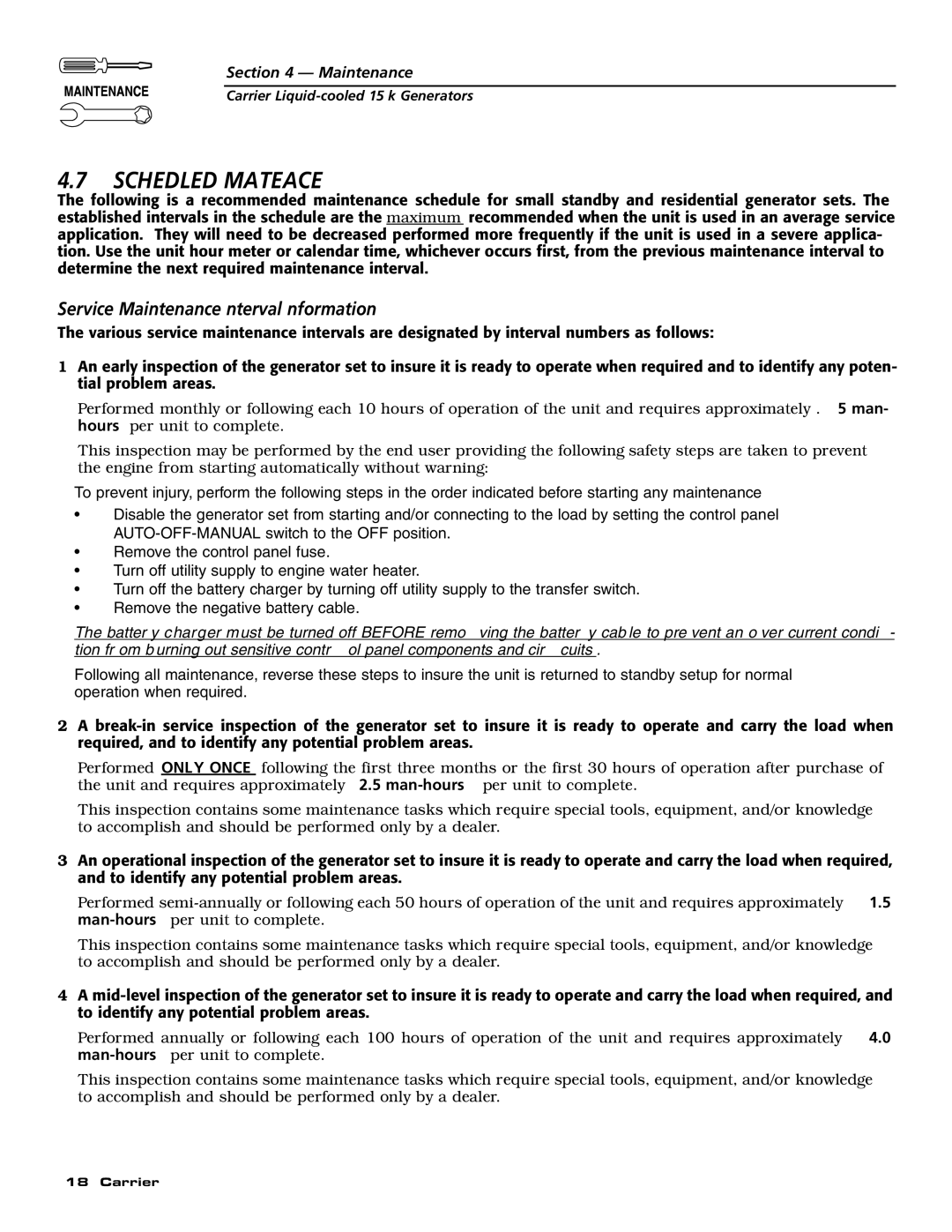 Generac ASPAS1CCL015 owner manual Scheduled Maintenance, Service Maintenance Interval Information 