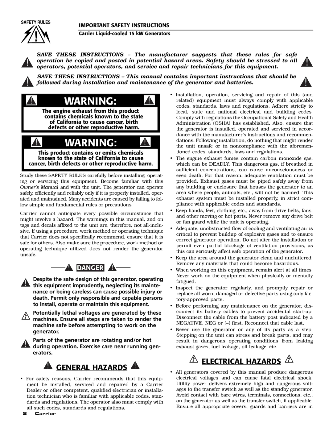 Generac ASPAS1CCL015 owner manual General Hazards 