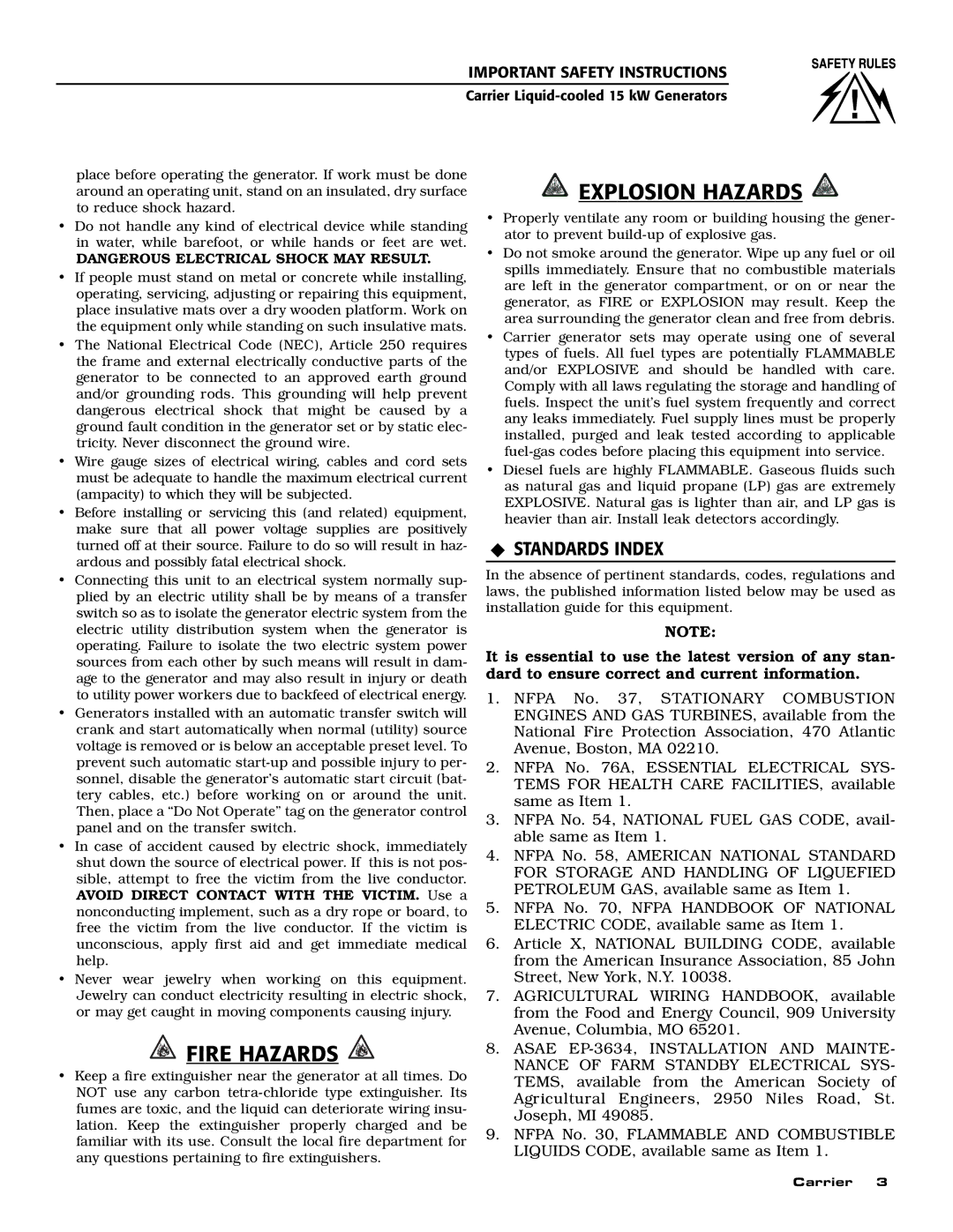 Generac ASPAS1CCL015 owner manual Fire Hazards, ‹ Standards Index 