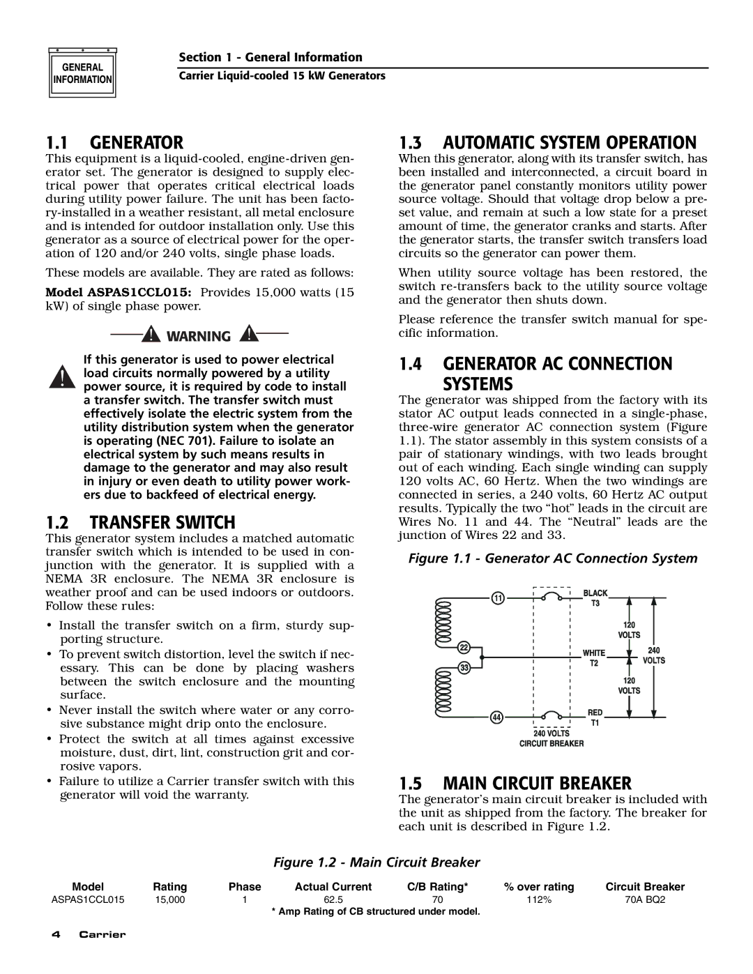 Generac ASPAS1CCL015 owner manual Transfer Switch, Automatic System Operation, Generator AC Connection Systems 