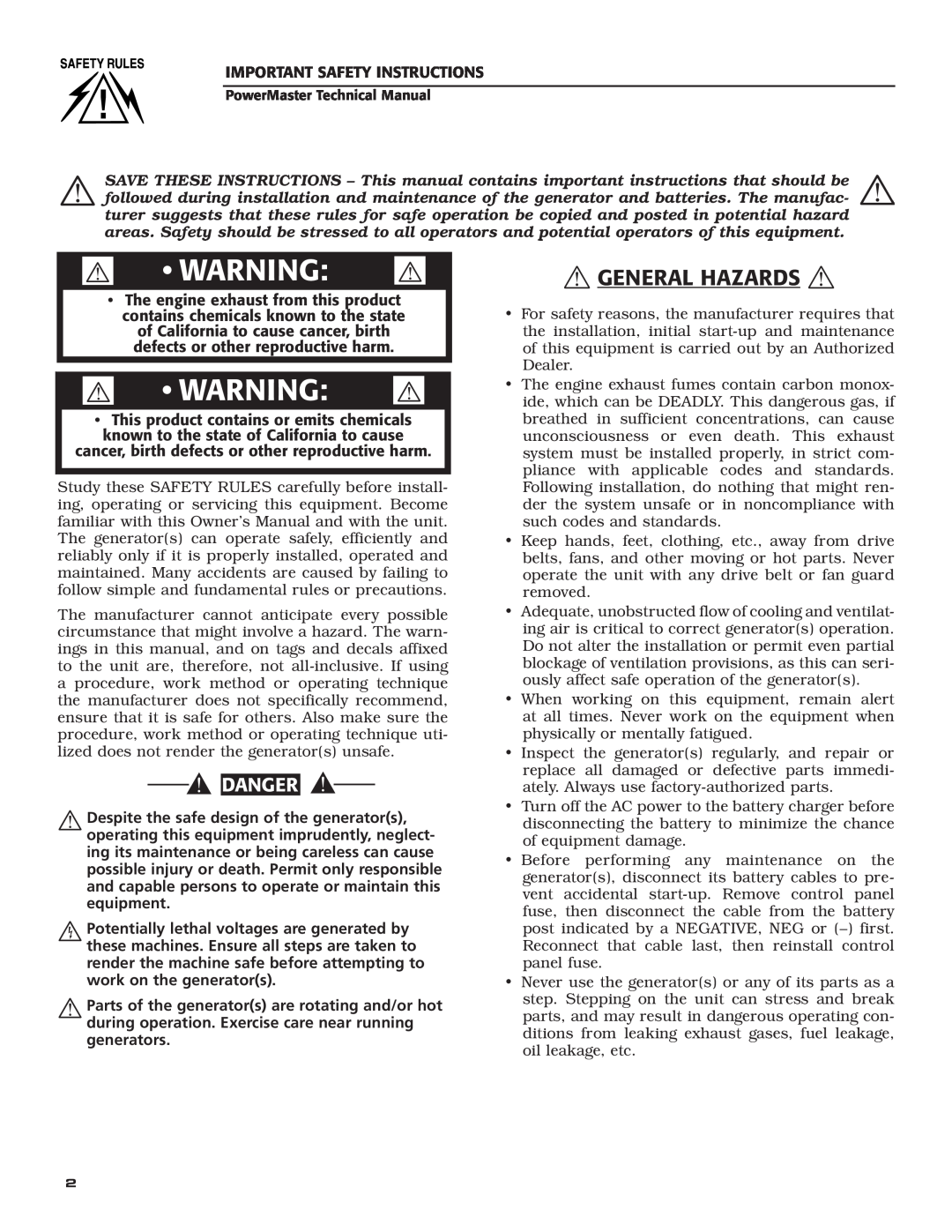 Generac Generator technical manual  General Hazards ,  Warning , Danger 