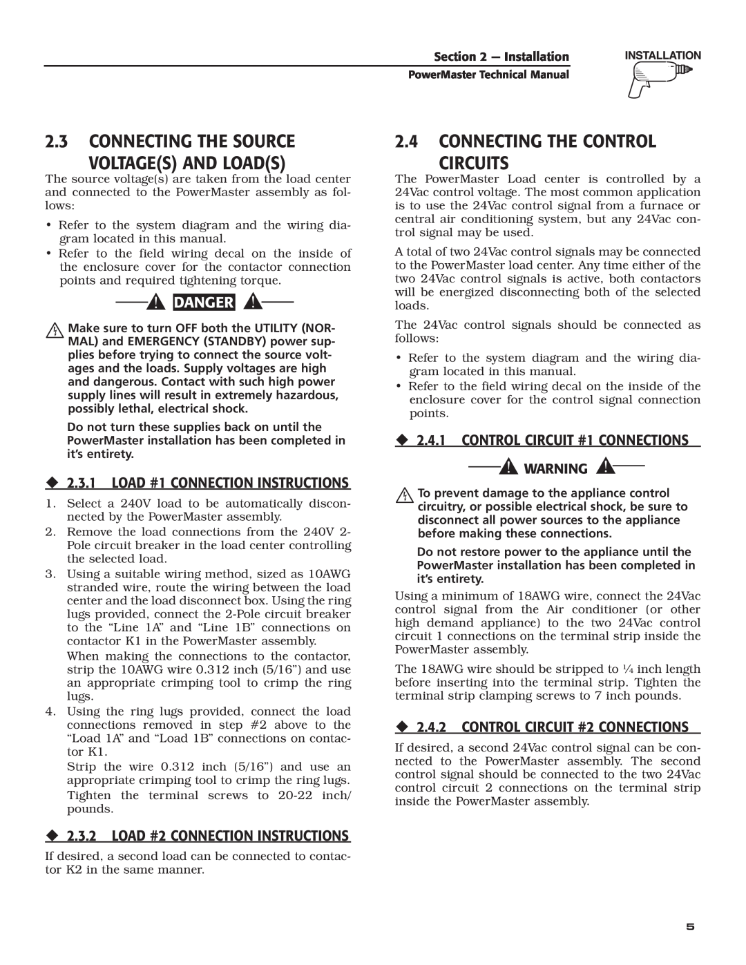 Generac Generator technical manual Connecting The Source Voltages And Loads, Connecting The Control Circuits, Danger 