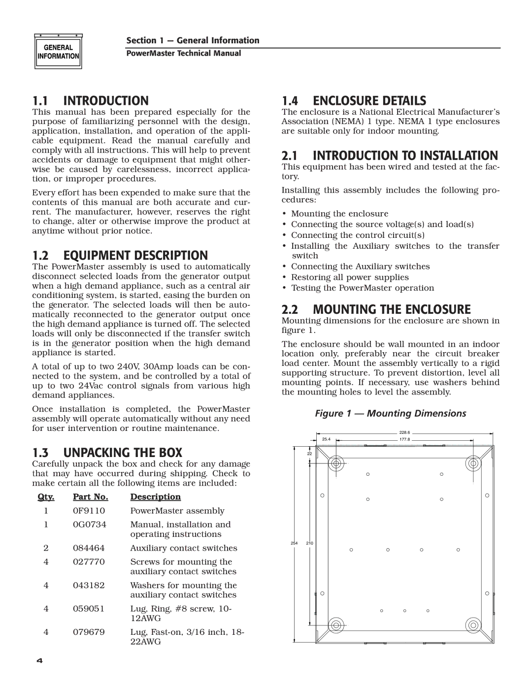 Generac Generator Equipment Description, Unpacking the BOX, Enclosure Details, Introduction to Installation 