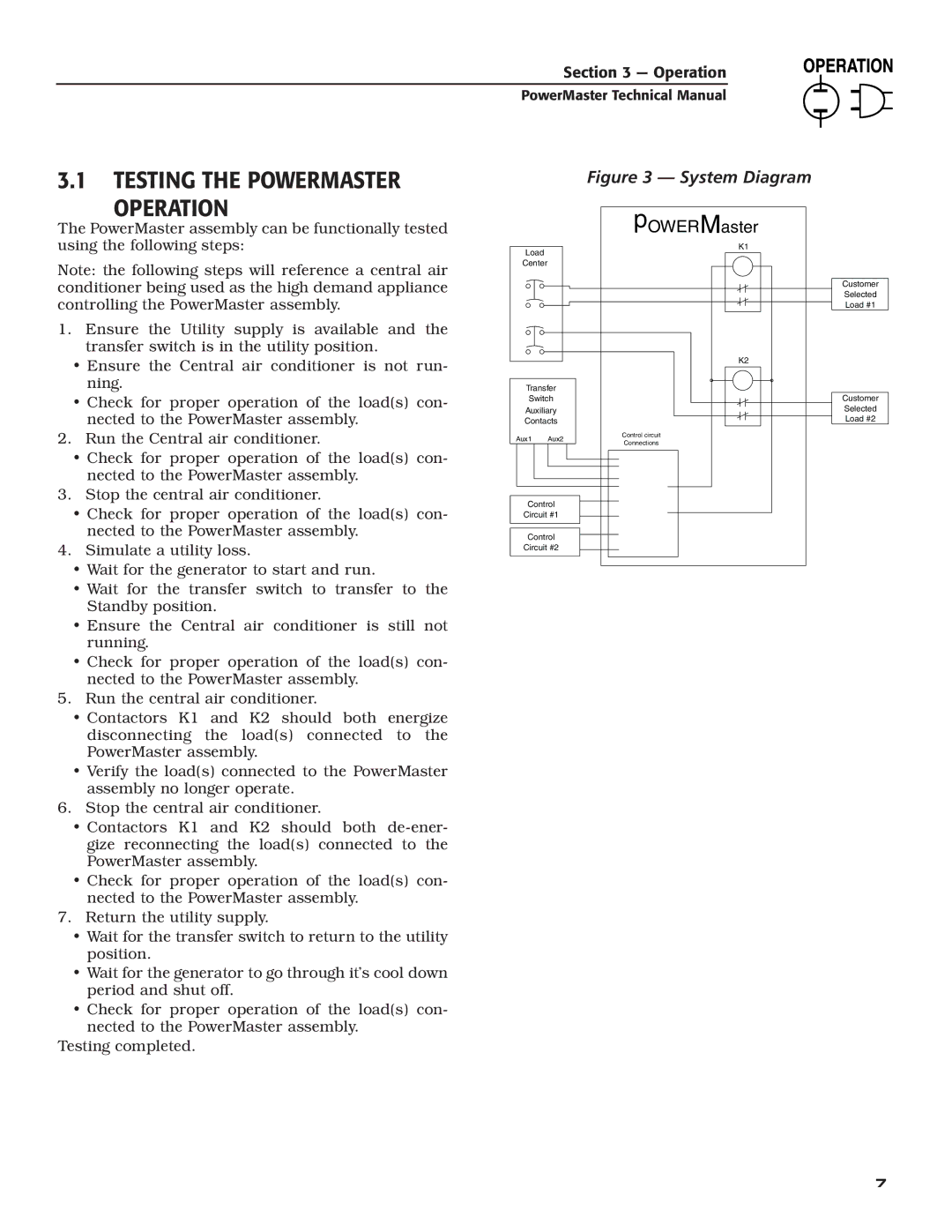 Generac Generator technical manual Testing the Powermaster Operation, POWER Aster 