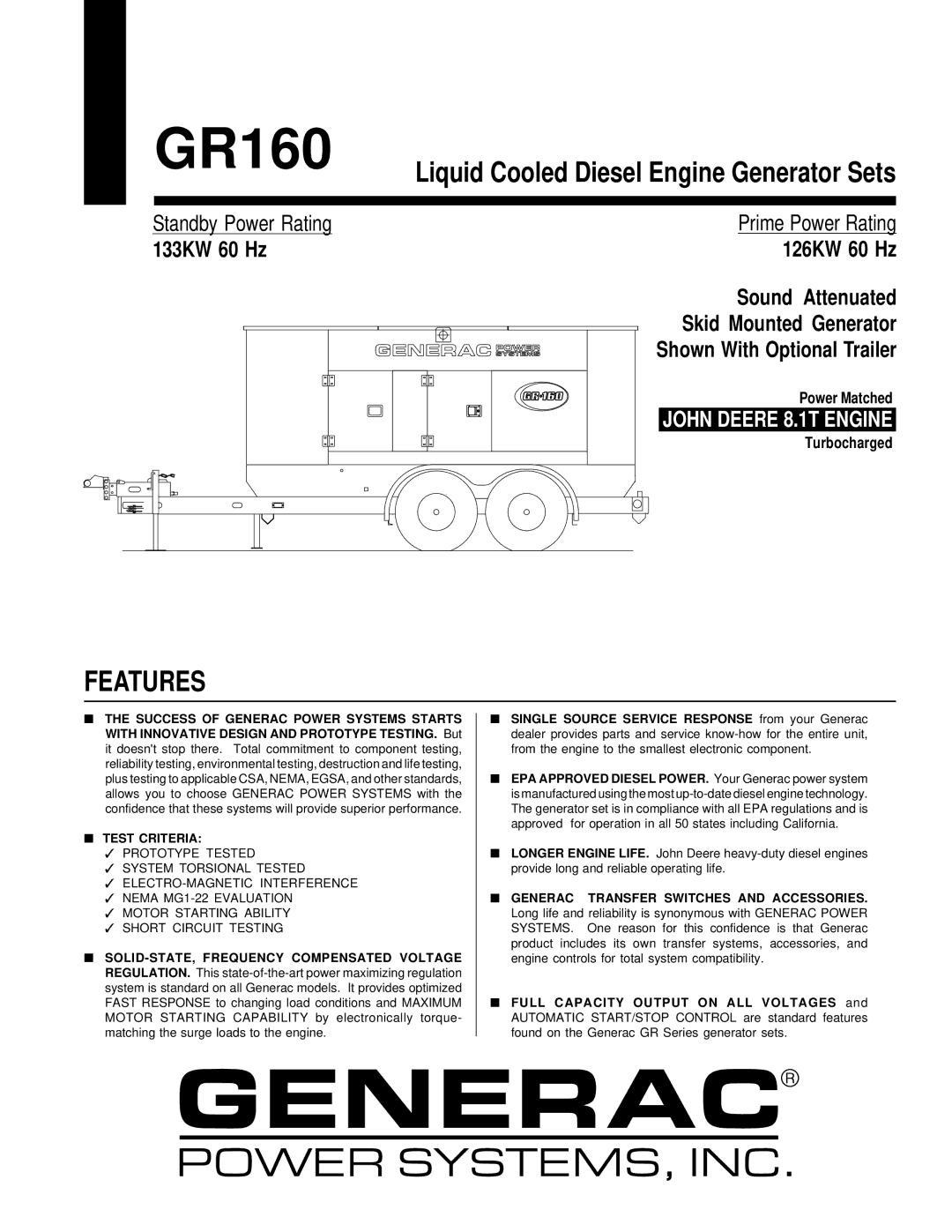 Generac GR160 manual Features, Test Criteria 