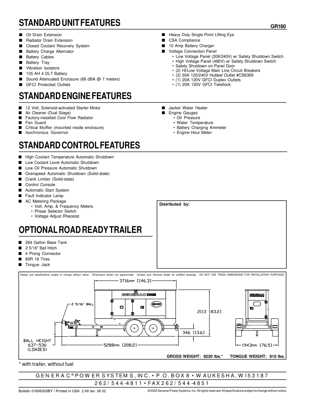 Generac GR160 manual Standard Unit Features, Standard Engine Features 