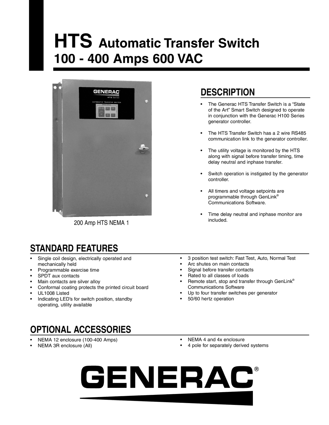 Generac HTSN400K3 manual Description, Standard Features, Optional Accessories 