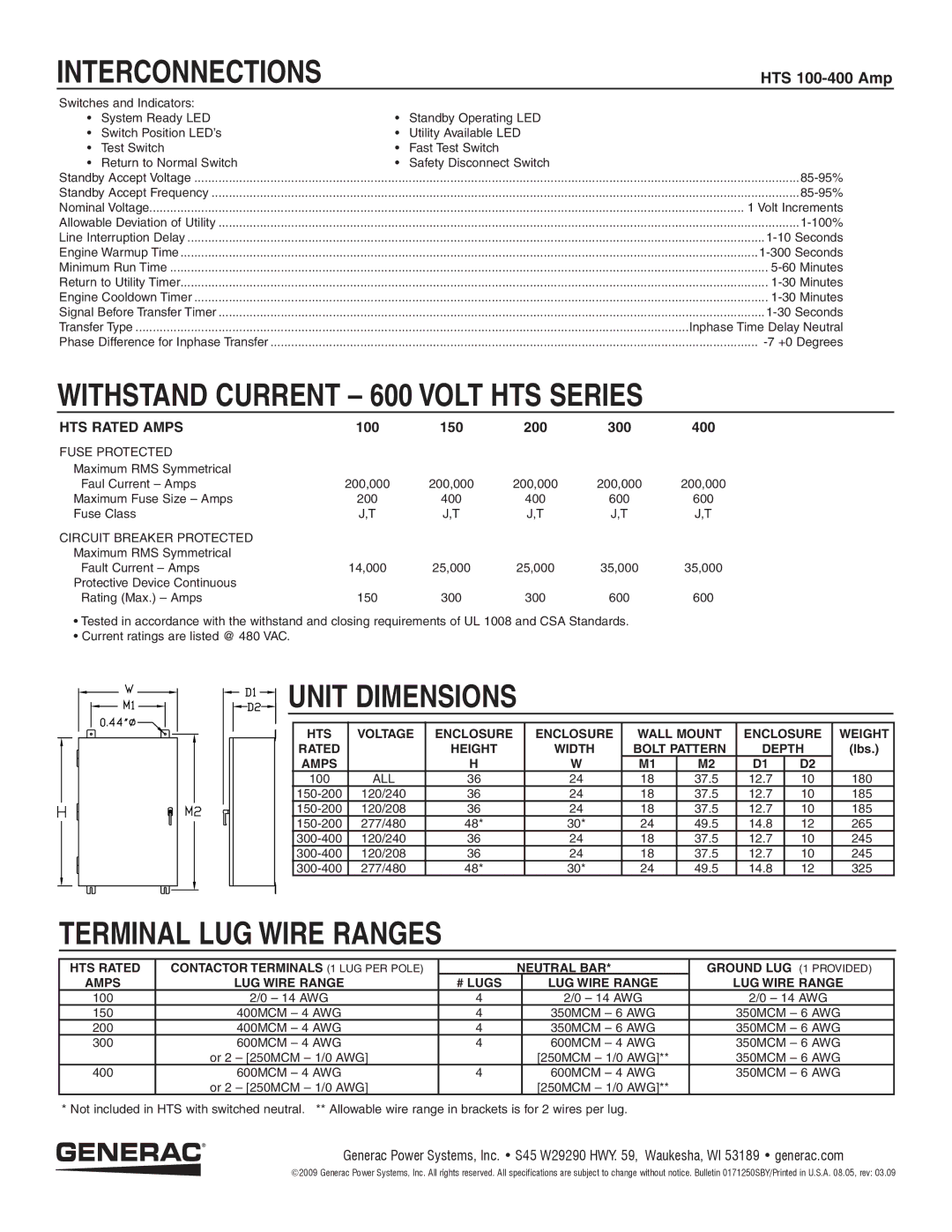 Generac HTSN400K3 manual Interconnections, Withstand Current 600 Volt HTS Series, Unit Dimensions, Terminal LUG Wire Ranges 