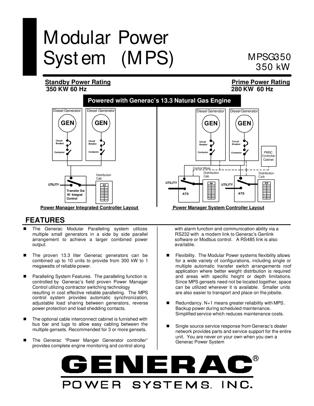 Generac MPSG350 manual Modular Power System MPS, Features 