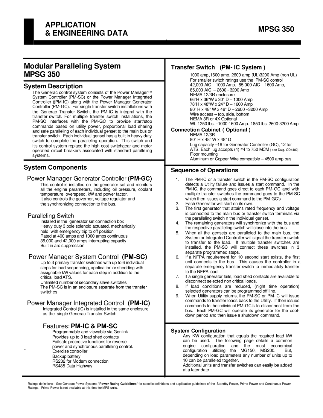 Generac MPSG350 manual Application, Engineering Data, Connection Cabinet Optional, System Configuration 