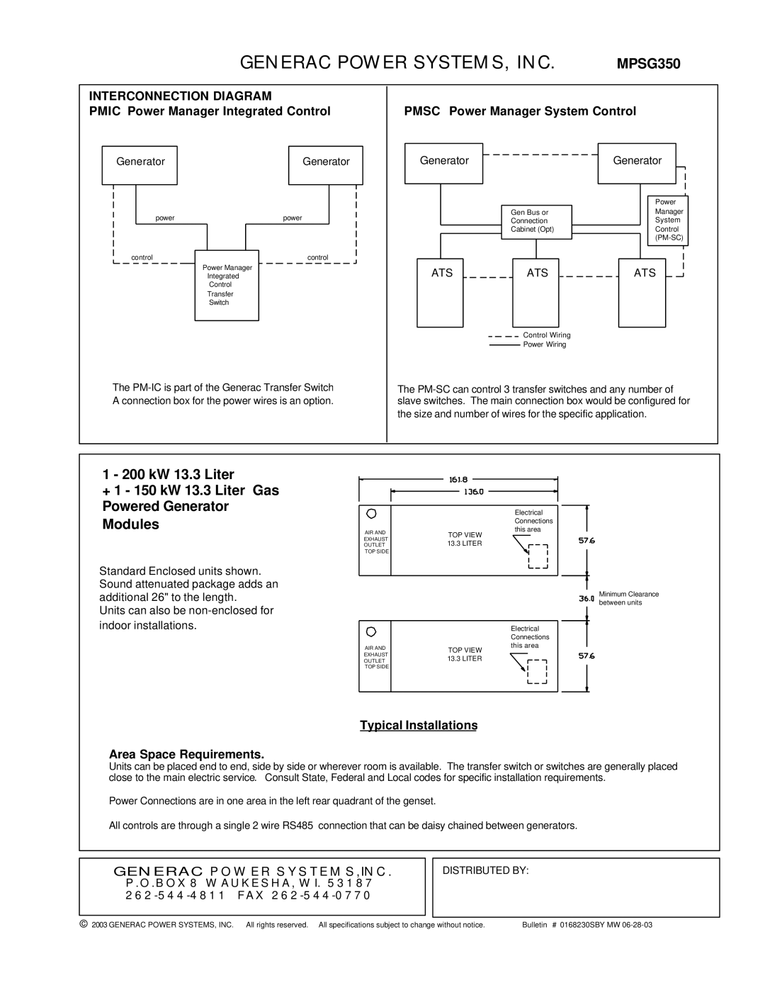 Generac MPSG350 manual Generac Power SYSTEMS, INC, Typical Installations Area Space Requirements, Distributed by 