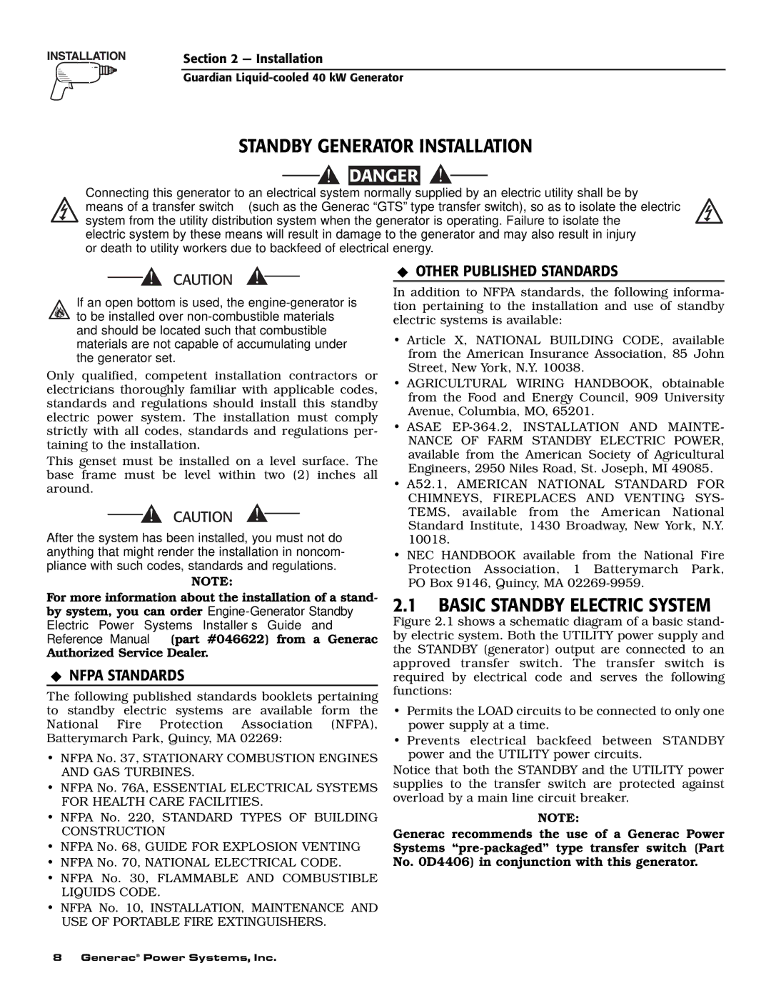 Generac Power Systems 0043734, 0043733 Standby Generator Installation, Basic Standby Electric System, Nfpa Standards 