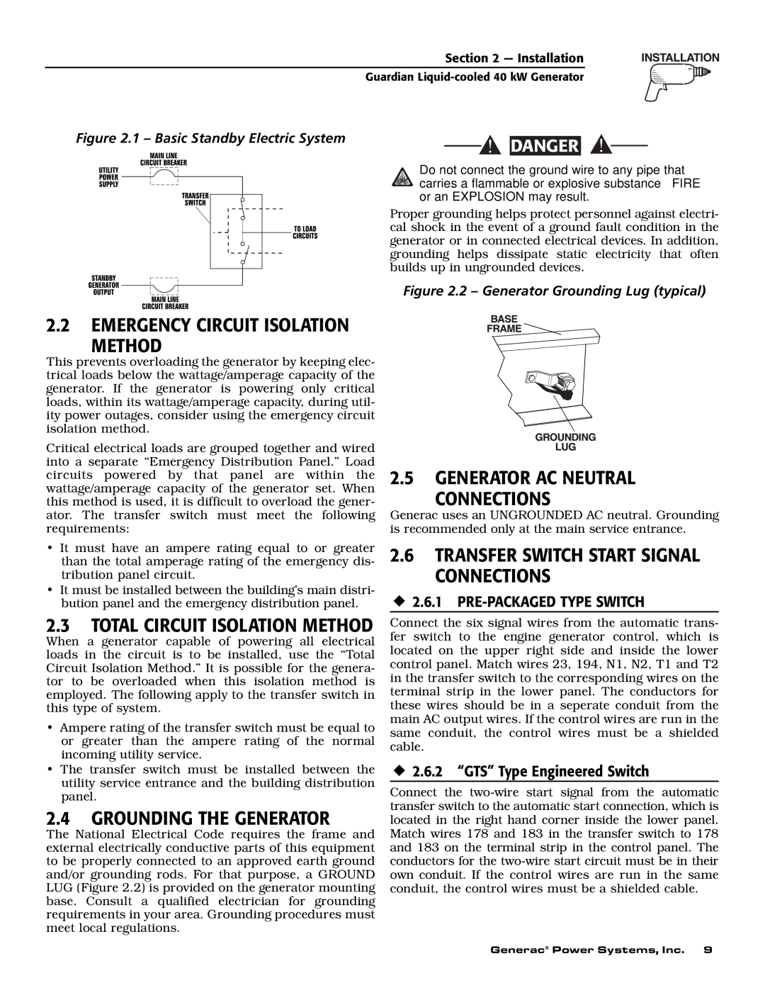 Generac Power Systems 0043735, 0043733, 0046264, 0046263 Method, Grounding the Generator, Generator AC Neutral Connections 