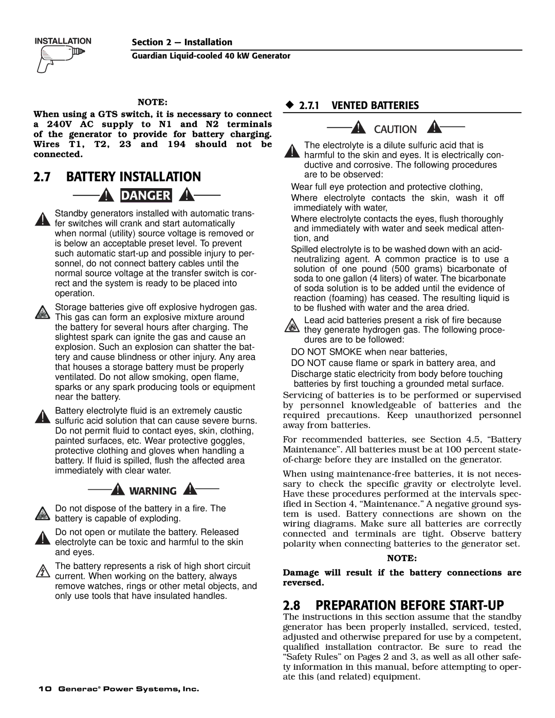 Generac Power Systems 0043733, 0046264, 0046263 Battery Installation, Preparation Before START-UP, ‹ 2.7.1 Vented Batteries 