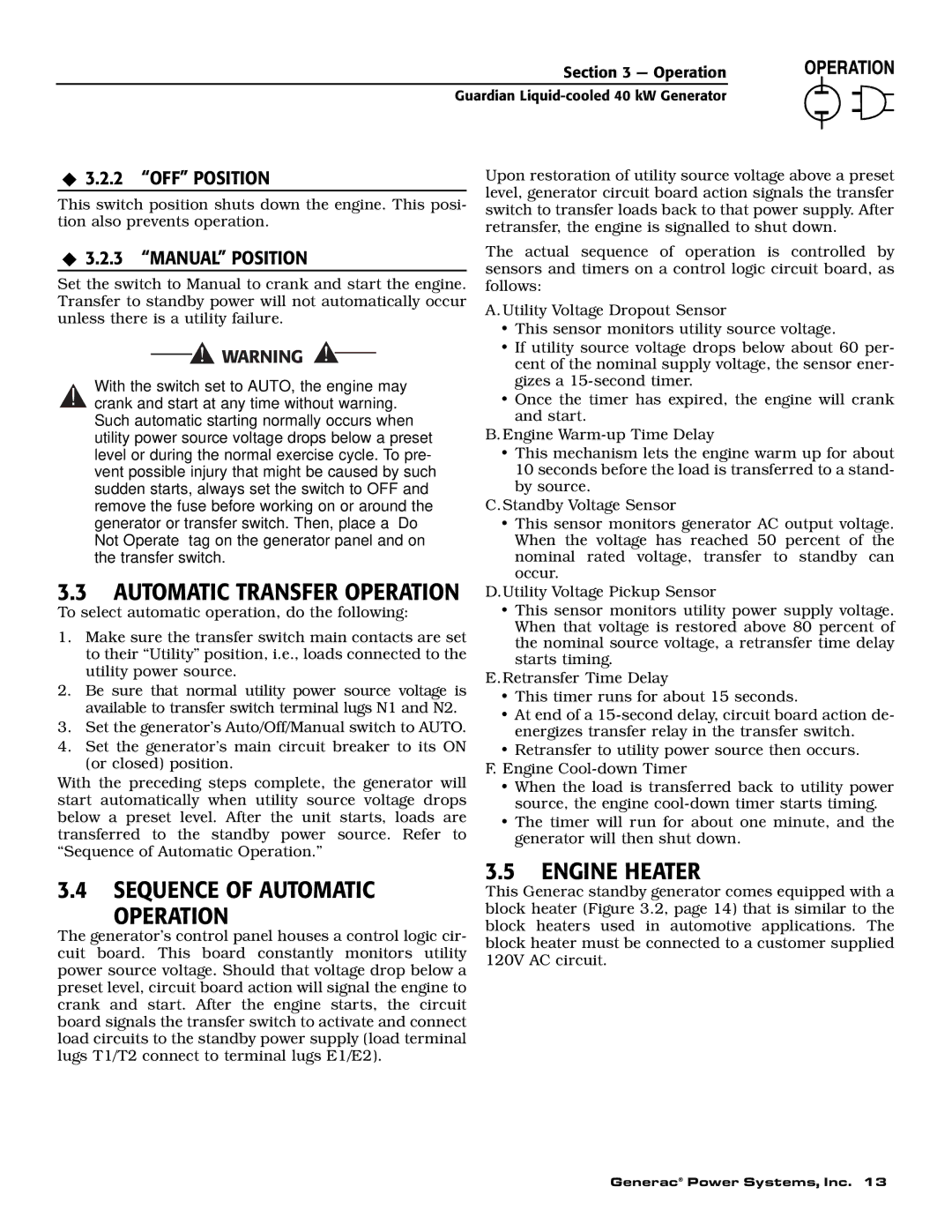 Generac Power Systems 0046262, 0043733, 0046264 Sequence of Automatic Operation, Engine Heater, ‹ 3.2.3 Manual Position 