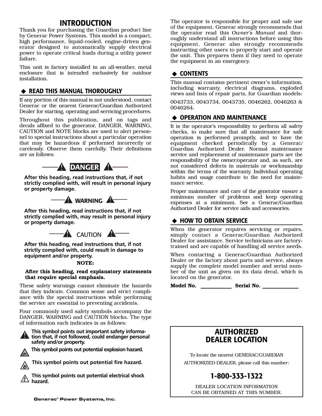 Generac Power Systems 0046263, 0043733, 0046264, 0046262, 0043734, 0043735 owner manual Introduction, Authorized Dealer Location 