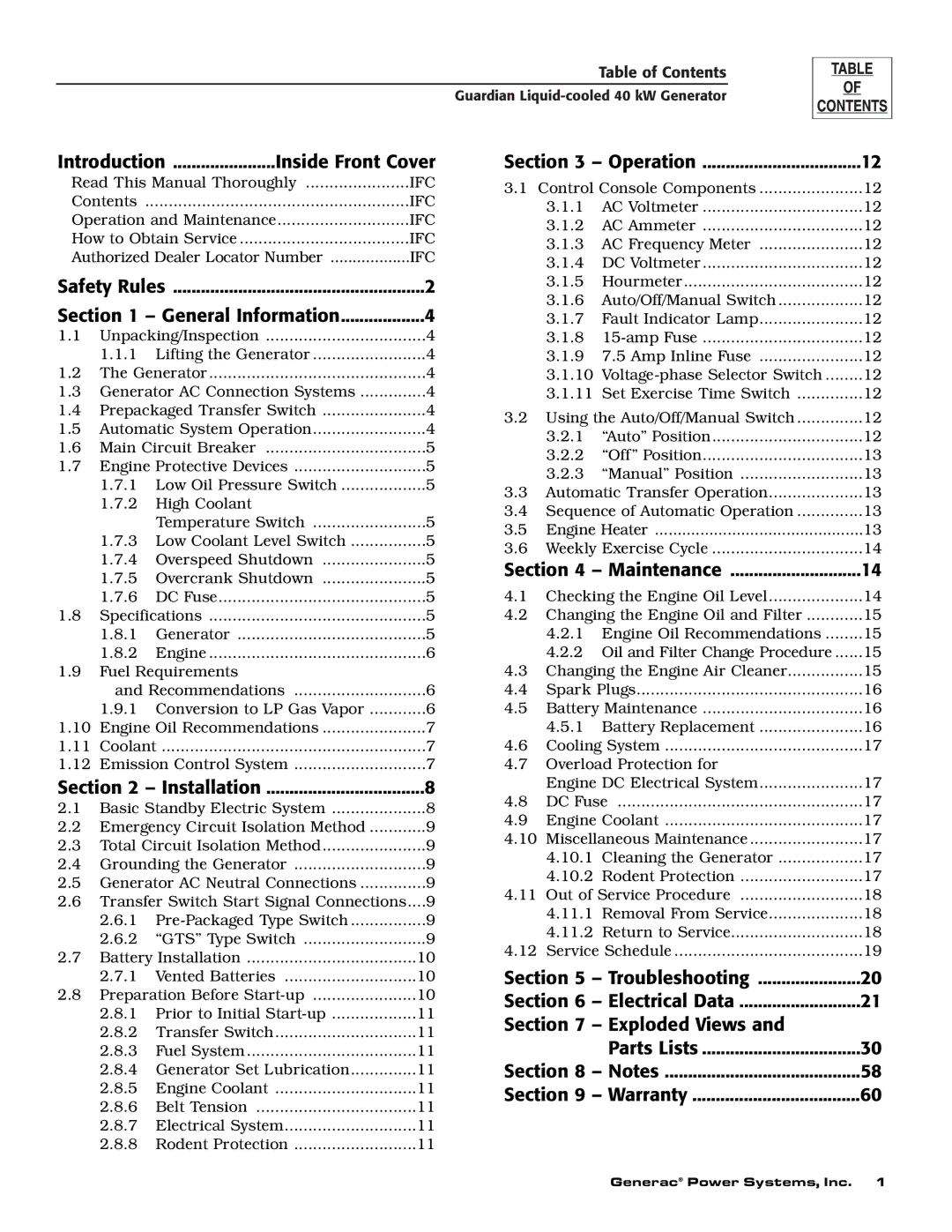 Generac Power Systems 0046262, 0043733, 0046264, 0046263, 0043734, 0043735 owner manual Introduction Inside Front Cover 