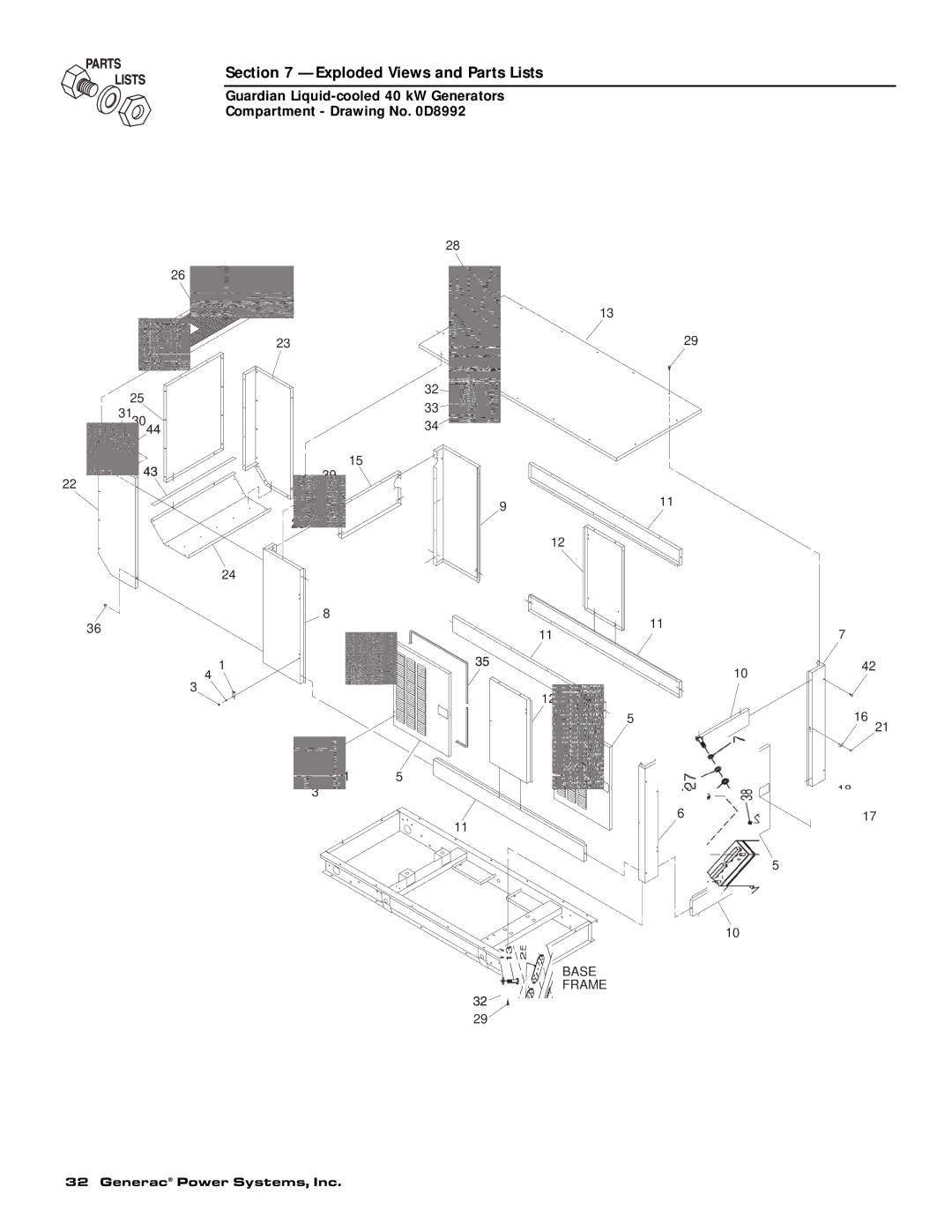 Generac Power Systems 0043734, 0043733, 0046264, 0046263, 0046262, 0043735 owner manual Base Frame 