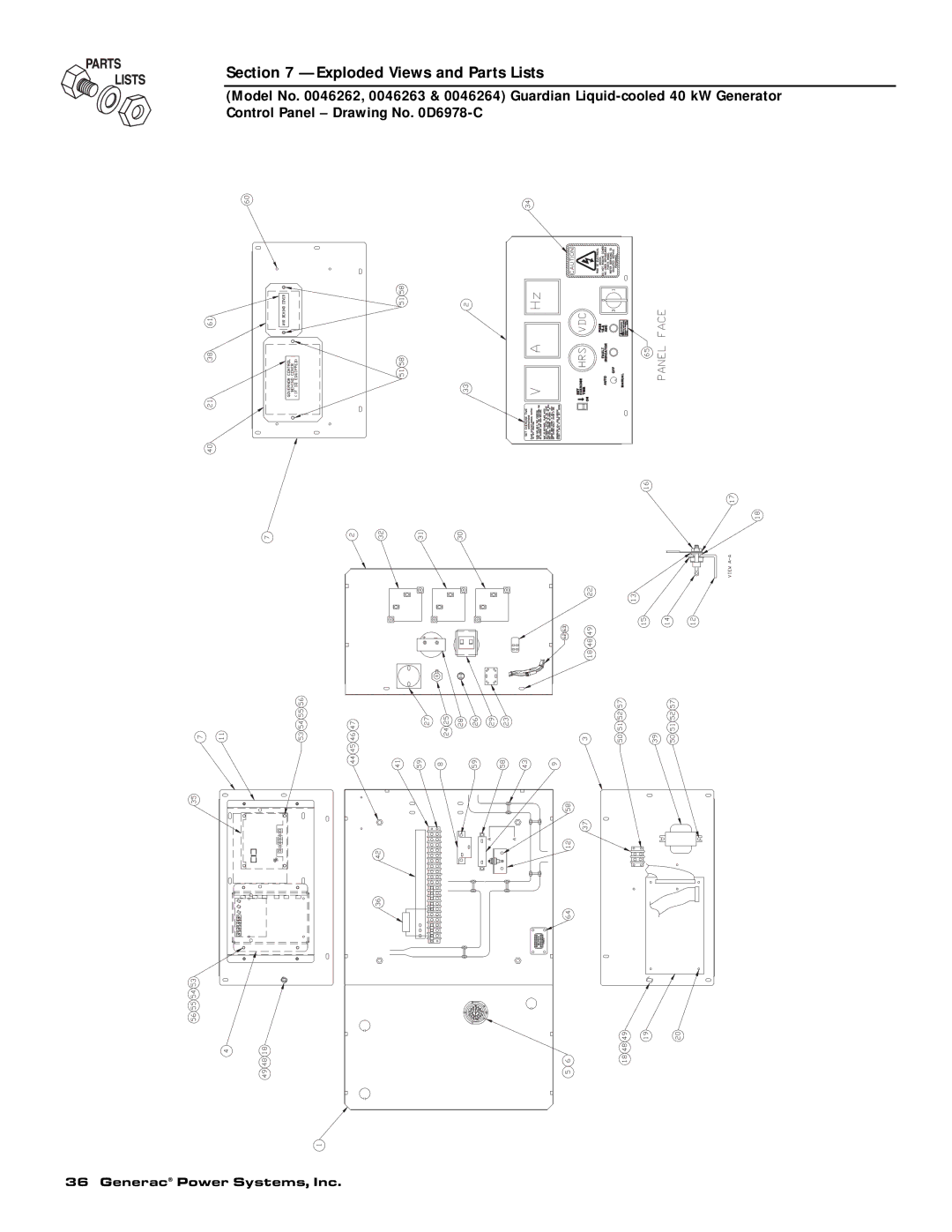 Generac Power Systems 0046263, 0043733, 0046264, 0046262, 0043734, 0043735 owner manual Exploded Views and Parts Lists 