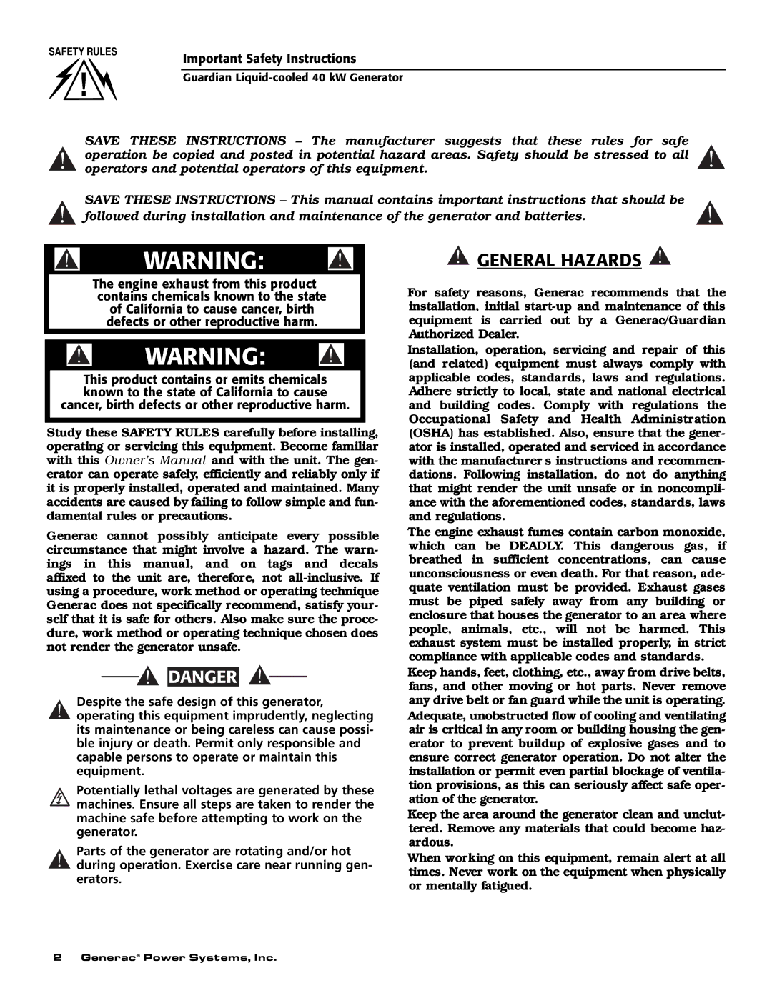 Generac Power Systems 0043734, 0043733, 0046264, 0046263, 0046262, 0043735 owner manual General Hazards 