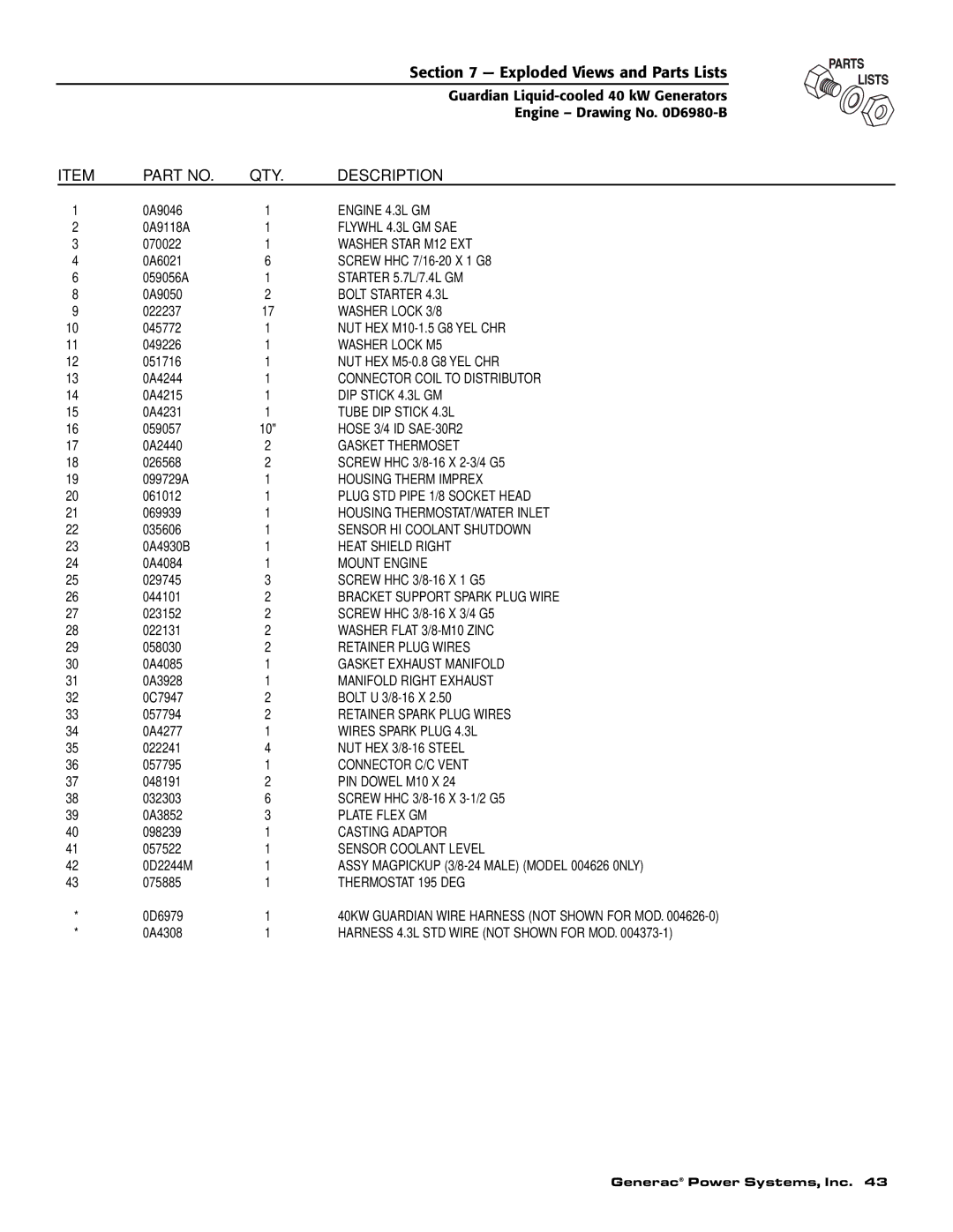 Generac Power Systems 0046262, 0043733, 0046264, 0046263, 0043734, 0043735 owner manual Engine 4.3L GM 